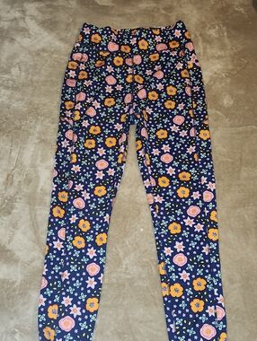 Popfit Navy Floral Print Leggings with Pink and Orange Flowers
